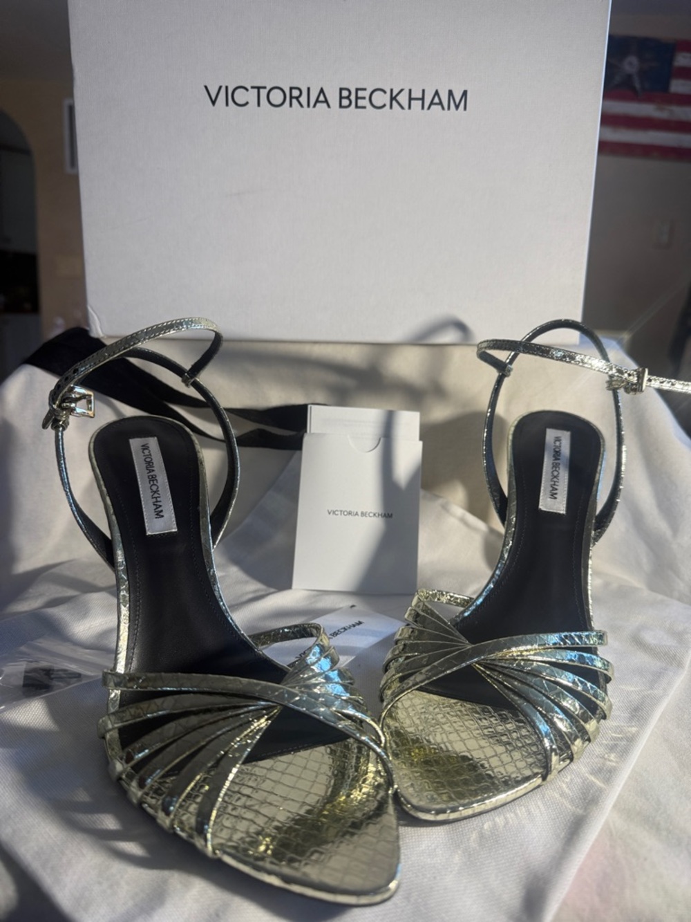 Victoria BeckhamGold Metallic Strappy Snake-Embossed Heels lamb curved heels